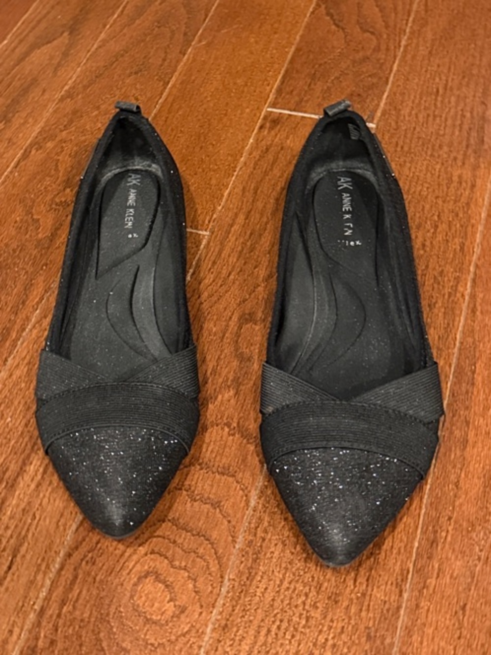 Anne Klein Black Glitter Pointed-Toe Flats